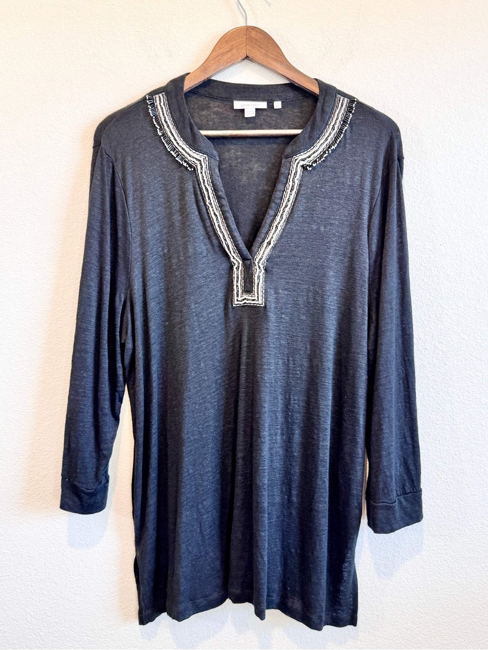 Chico’s Linen Beaded Tunic Top Size 4 XXL Black Quiet Luxury Resort Coastal K25